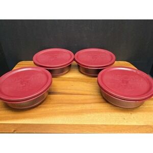 4 Corning Visions Ribbed Cranberry 1 pt Storage Bowl C-16-B w/ Lid V-16-PC